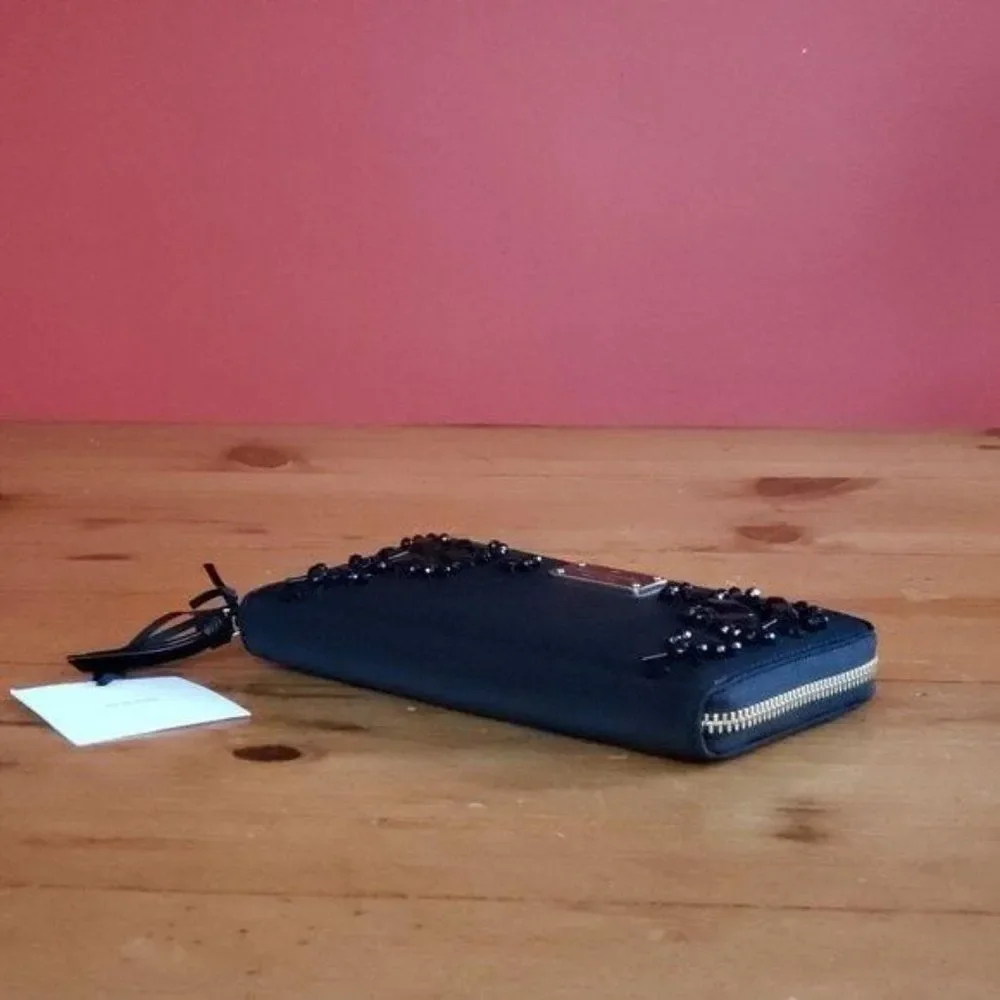 KATE SPADE Neda Wilson Road Embellished Long Zip Around Nylon Wallet Black
